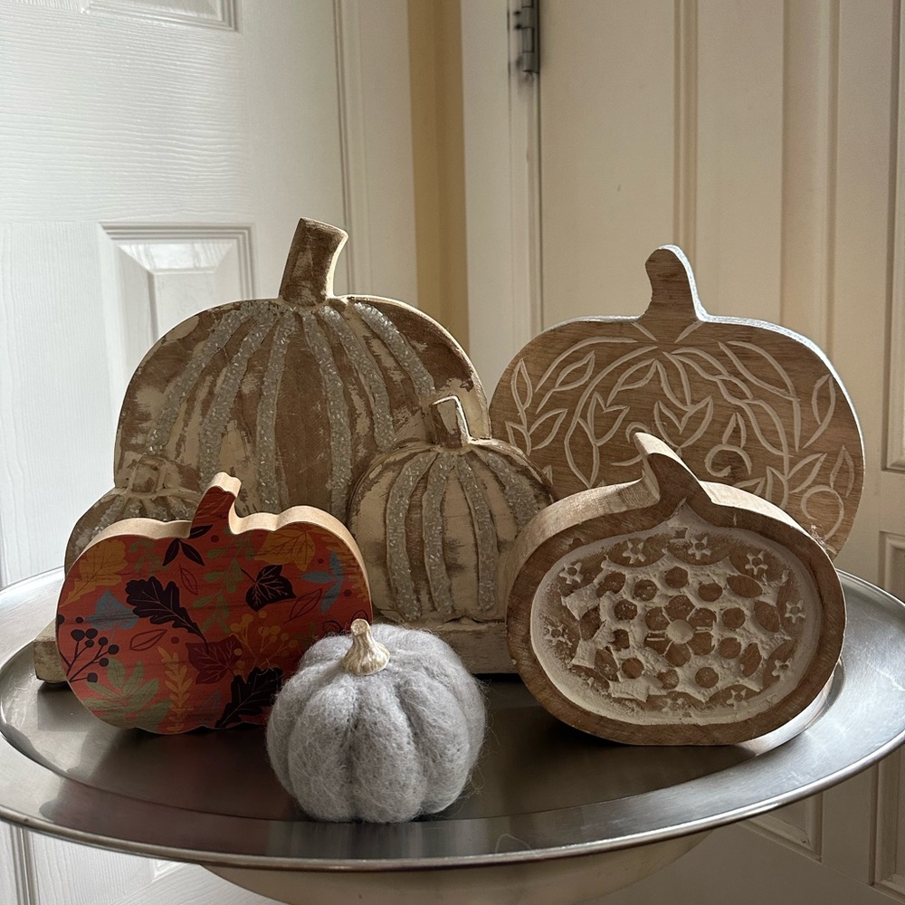 Rustic Wooden & Felt Pumpkin Decor Set Neutral Fall Harvest Display Set of 6